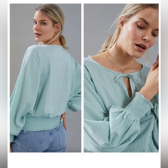 Anthropologie Tops - Anthropologie Rebecca Mint Green Smocked Boho Blouse. Size Medium